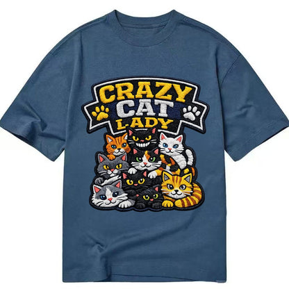 Embroidered Patch Design Crazy Cat Lady Cat Pile In Multicol Classic T-shirt – Twilight Navy