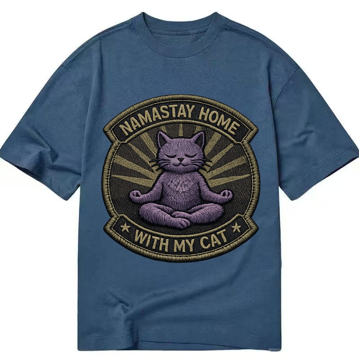 Embroidered Patch Design Namastay Home With My Cat Yoga Cat Classic T-shirt – Twilight Navy