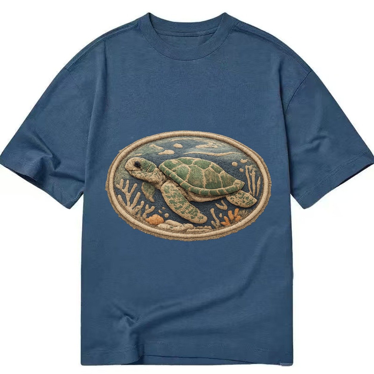 Embroidered Patch Design Sea Turtle Swimming Turtle In Green Classic T-shirt – Twilight Navy