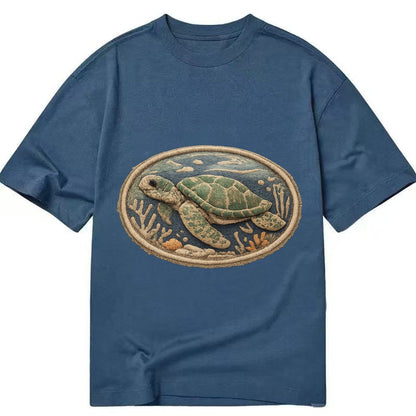 Embroidered Patch Design Sea Turtle Swimming Turtle In Green Classic T-shirt – Twilight Navy