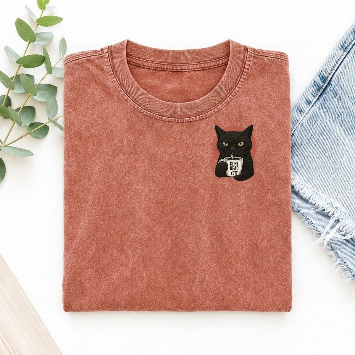 Is He Dead Yet Cat Left Chest Vintage T-shirt – Terracotta