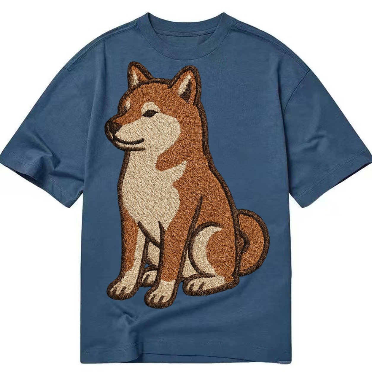 Shiba Inu Red Sesame Embroidered Sitting Pose Classic T-shirt – Twilight Navy