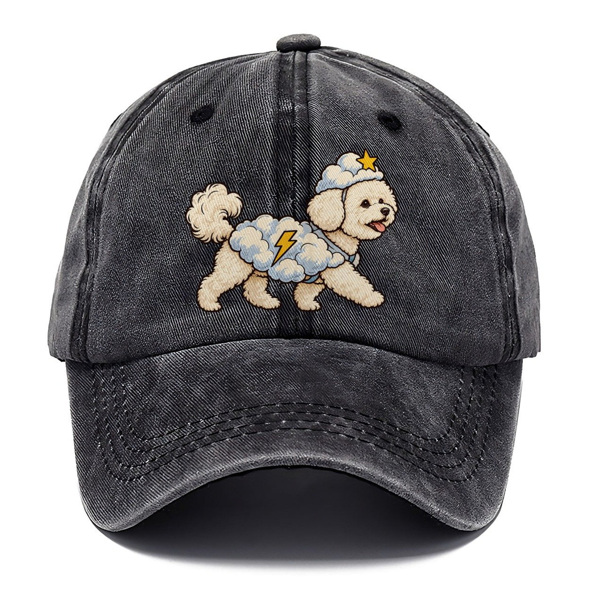 One Bichon Frise In Halloween Costume Cloud Costume With Cotton Puff Texture And A Tiny Lightning Bolt Halloween Dog Parade Classic Cap – Graphite