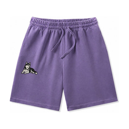 Siberian Husky Black And White Relaxed Lying Down With Head Washed Shorts – Purple