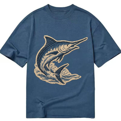 Embroidered Patch Design Swordfish Marlin Leaping Marlin In Classic T-shirt – Twilight Navy