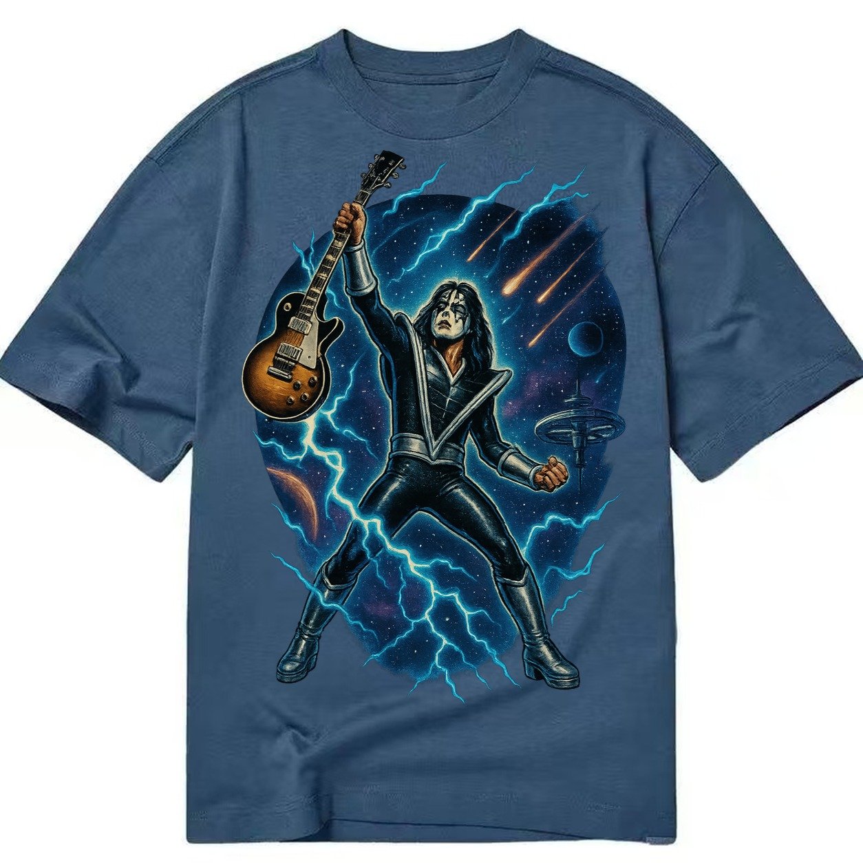 Ace Frehley Cosmic Solo Guitar Raised High Space Station Bac Classic T-shirt – Twilight Navy