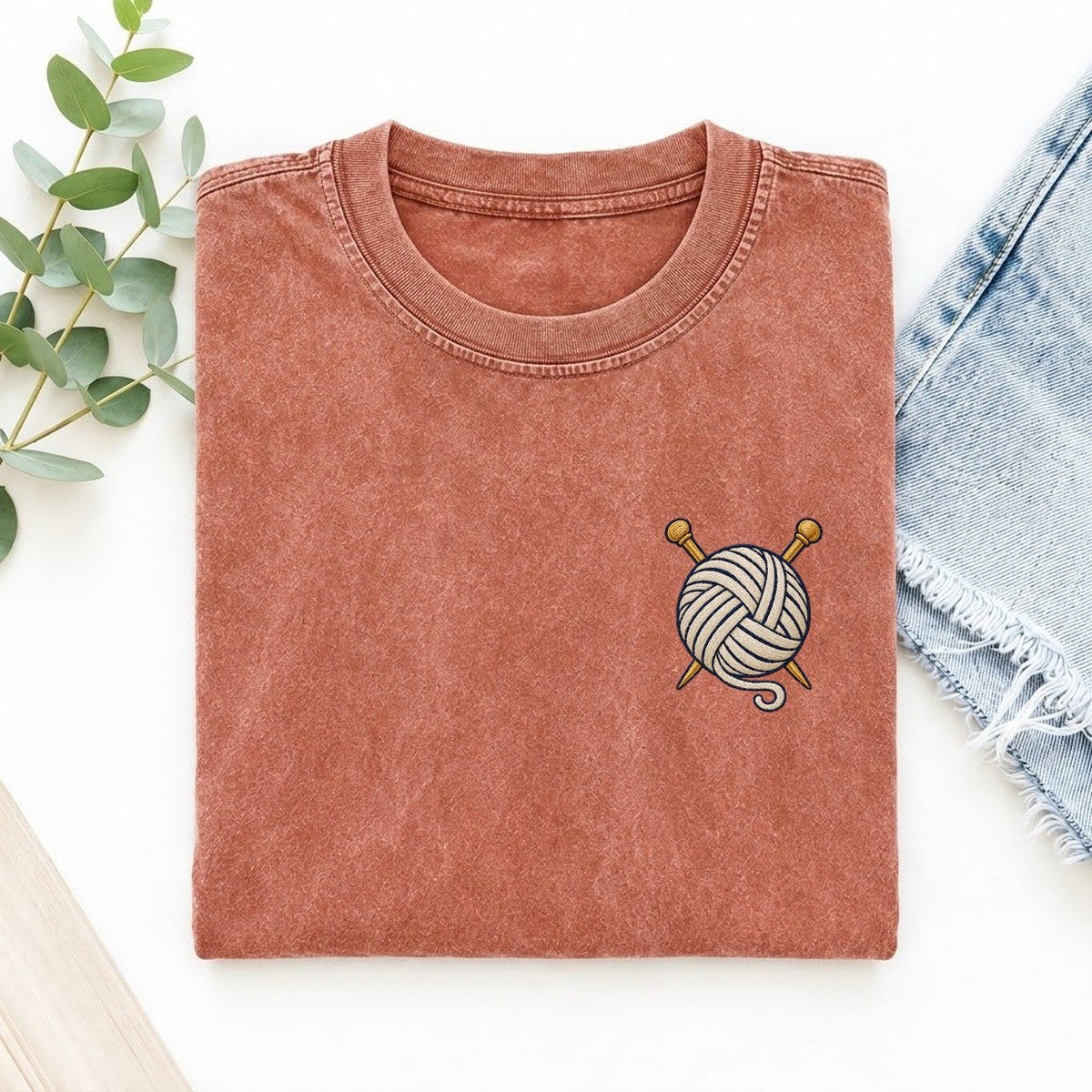 Yarn Needles Symbol Emblems Left Chest Vintage T-shirt – Terracotta