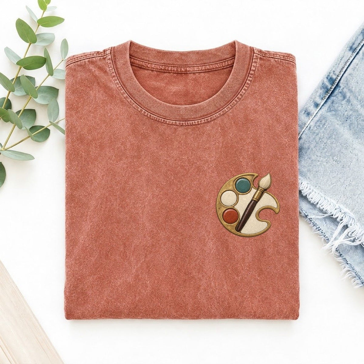 Painter Palette Crescent Keepsake Emblem Left Chest Vintage T-shirt – Terracotta