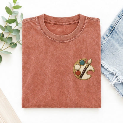 Painter Palette Crescent Keepsake Emblem Left Chest Vintage T-shirt – Terracotta