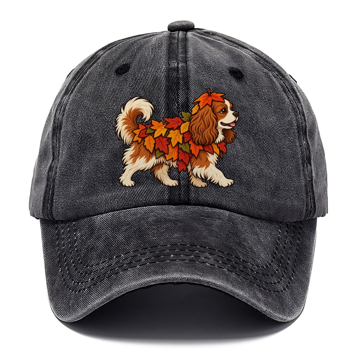 One Cavalier King Charles Spaniel In Halloween Costume Fallen Leaf Pile Costume With Orange And Red Felt Leaves Halloween Dog Parade Classic Cap – Graphite