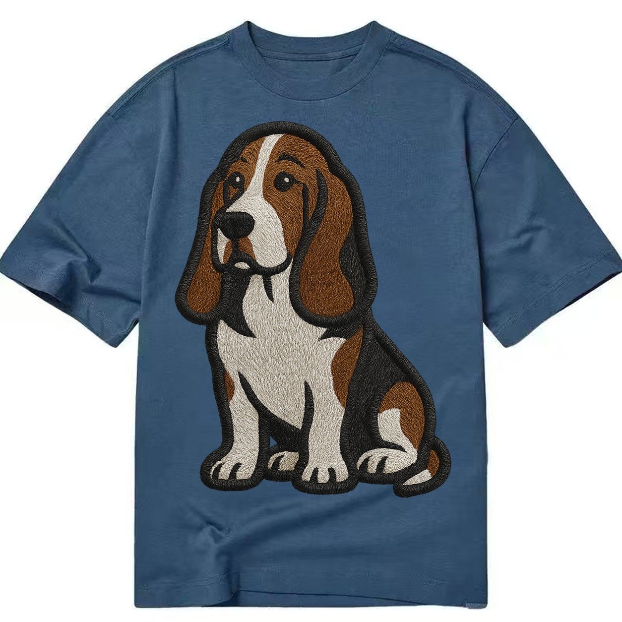 Basset Hound Tri Color Embroidered Sitting Pose Classic T-shirt – Twilight Navy