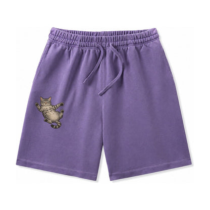 American Shorthair Silver Tabby Classic Pattern Fully Relaxe Washed Shorts – Purple