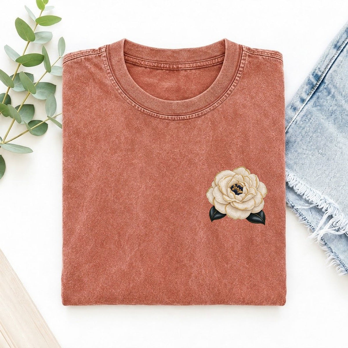 Camellia Double Bloom Left Chest Vintage T-shirt – Terracotta