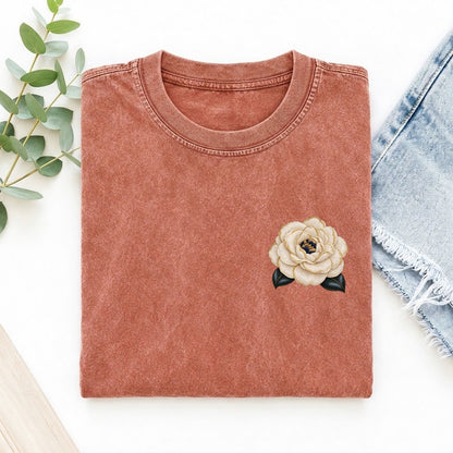 Camellia Double Bloom Left Chest Vintage T-shirt – Terracotta
