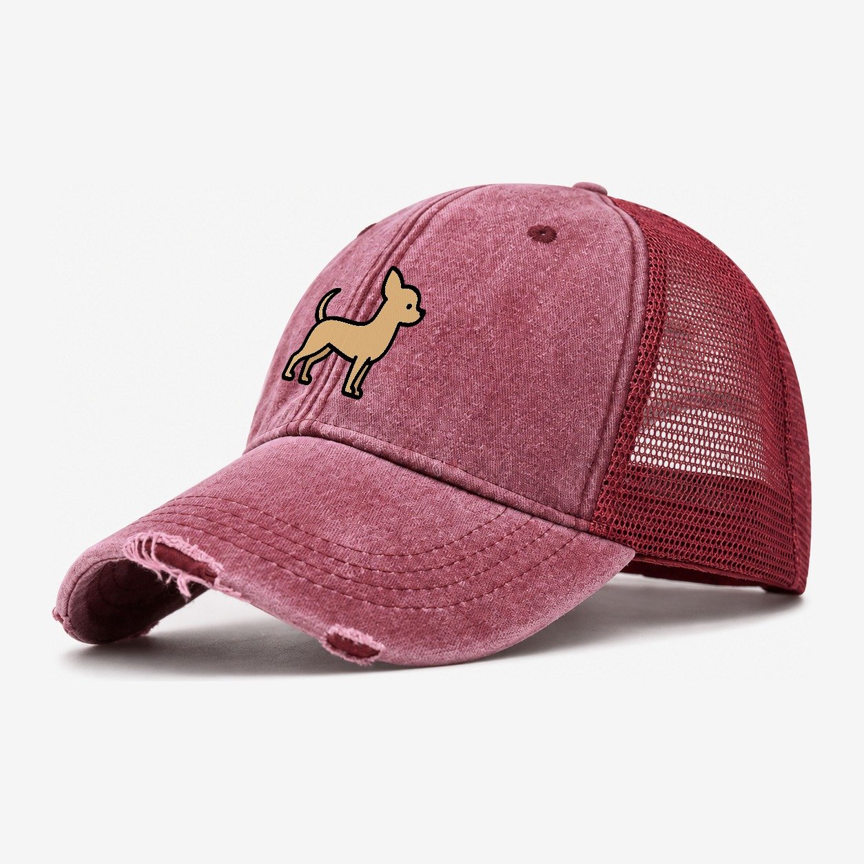 Chihuahua Tan Smooth Coat Flat Side Profile Washed Trucker Hat – Wine Red