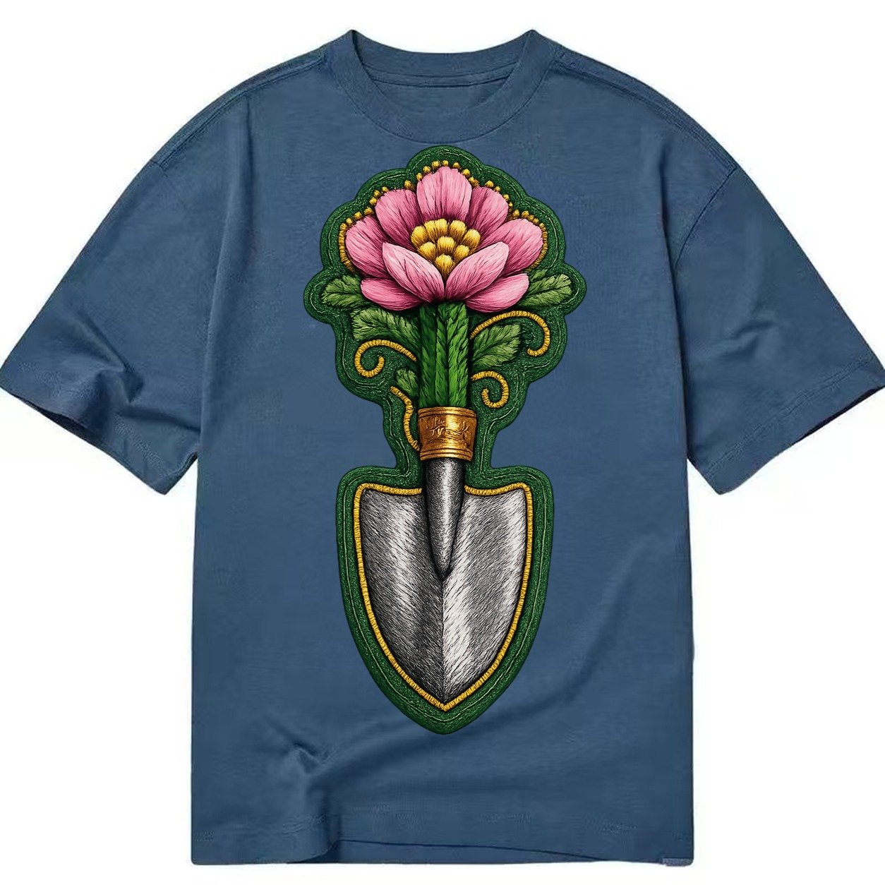 Embroidered Patch Design Gardening Trowel Flower Garden Tool Classic T-shirt – Twilight Navy
