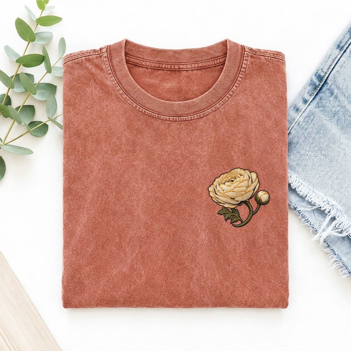 Ranunculus Layered Cup Left Chest Thread Signatures II Left Chest Vintage T-shirt – Terracotta