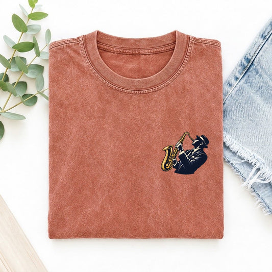 Jazz Saxophonist Left Chest Vintage T-shirt – Terracotta
