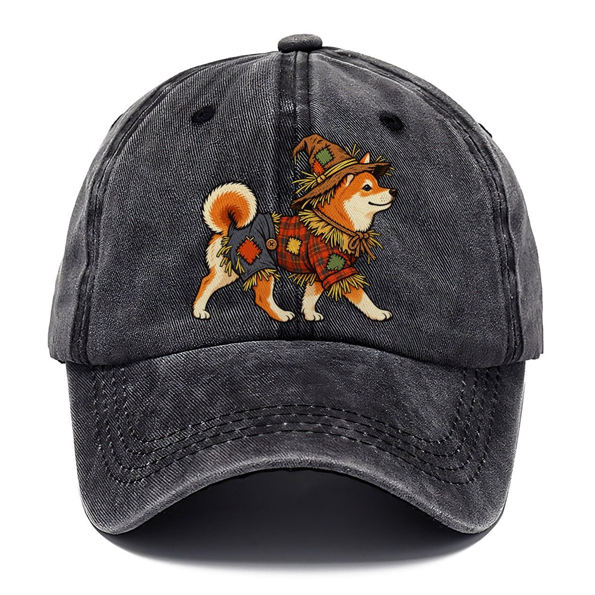 One Shiba Inu In Halloween Costume Scarecrow Costume With Straw Patches And A Plaid Shirt Halloween Dog Parade Classic Cap – Graphite