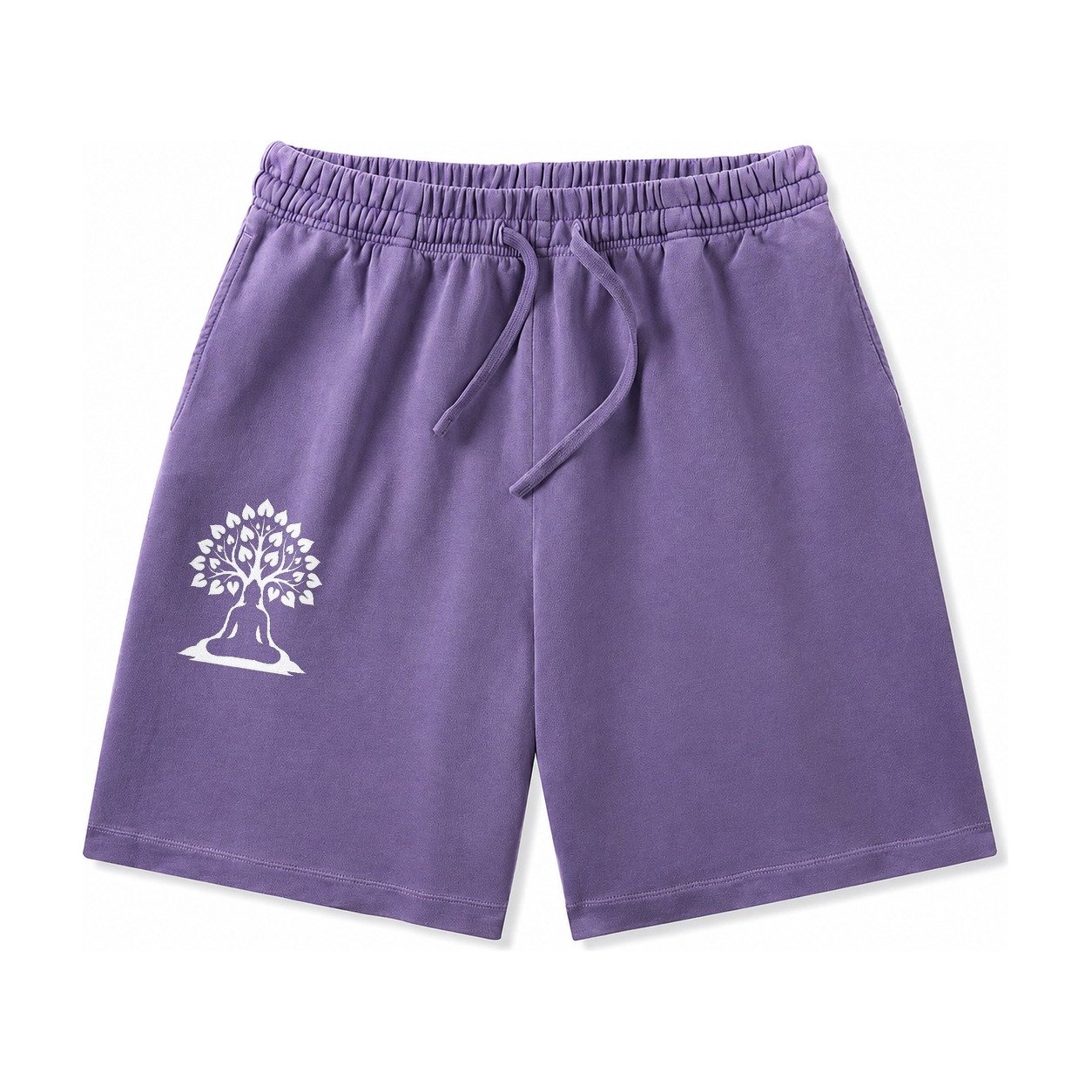 Buddha Silhouette Meditating Negative Space Forms Bodhi Tree Washed Shorts – Purple