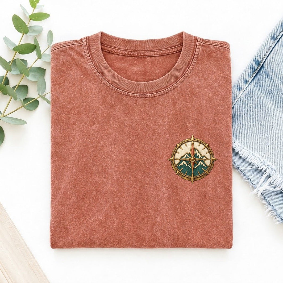 Mountain Compass Fold Keepsake Emblem Left Chest Vintage T-shirt – Terracotta