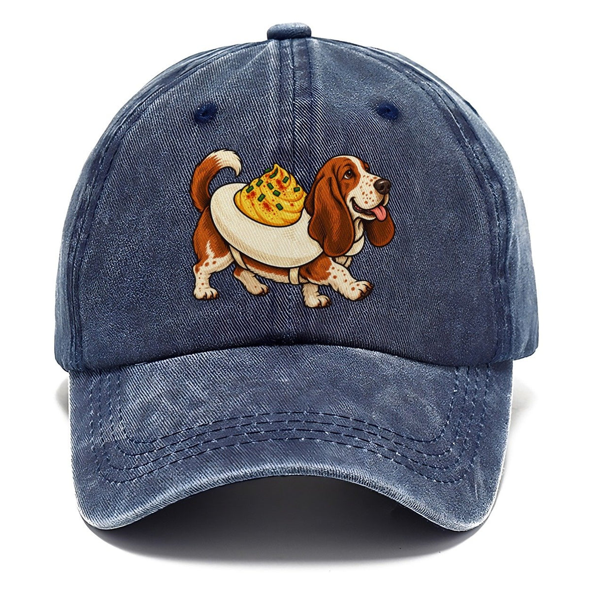 One Basset Hound In Halloween Costume Deviled Egg Costume With A Yolky Yellow Center Halloween Dog Parade Classic Cap – Twilight Navy