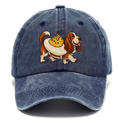One Basset Hound In Halloween Costume Deviled Egg Costume With A Yolky Yellow Center Halloween Dog Parade Classic Cap – Twilight Navy