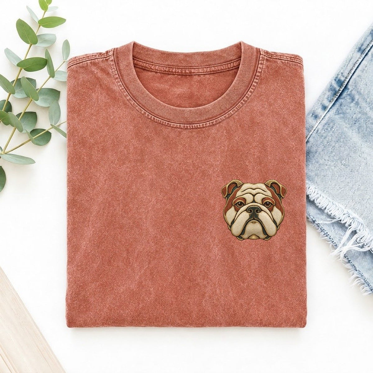 Bulldog Brow Fold Keepsake Emblem Left Chest Vintage T-shirt – Terracotta