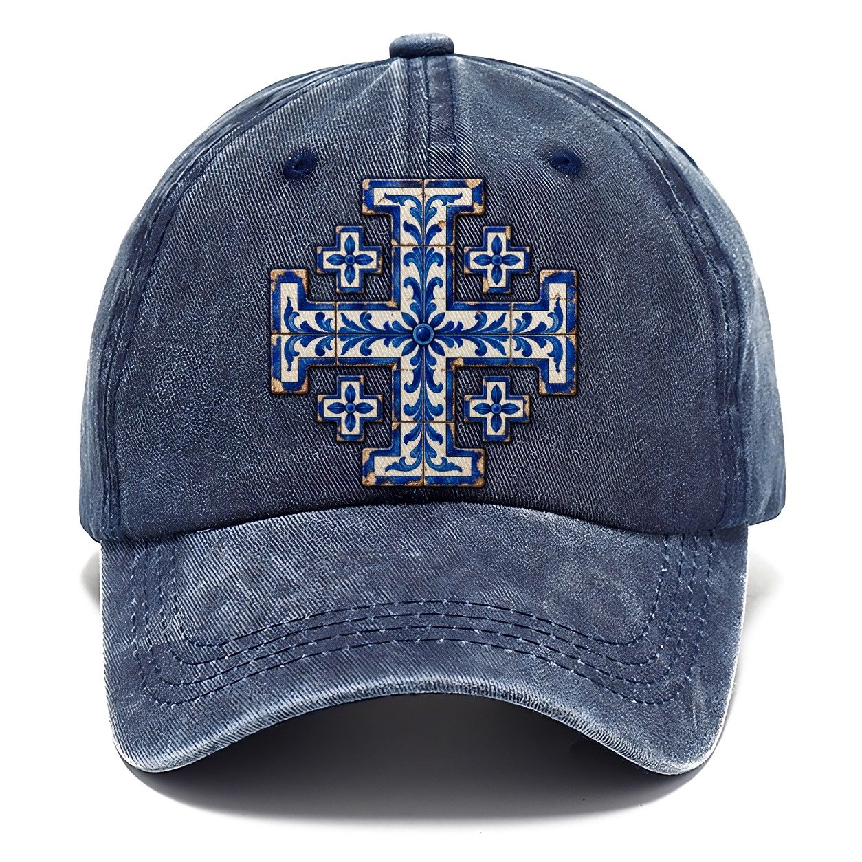 Blue And White Glazed Tile Jerusalem Cross Classic Cap – Twilight Navy