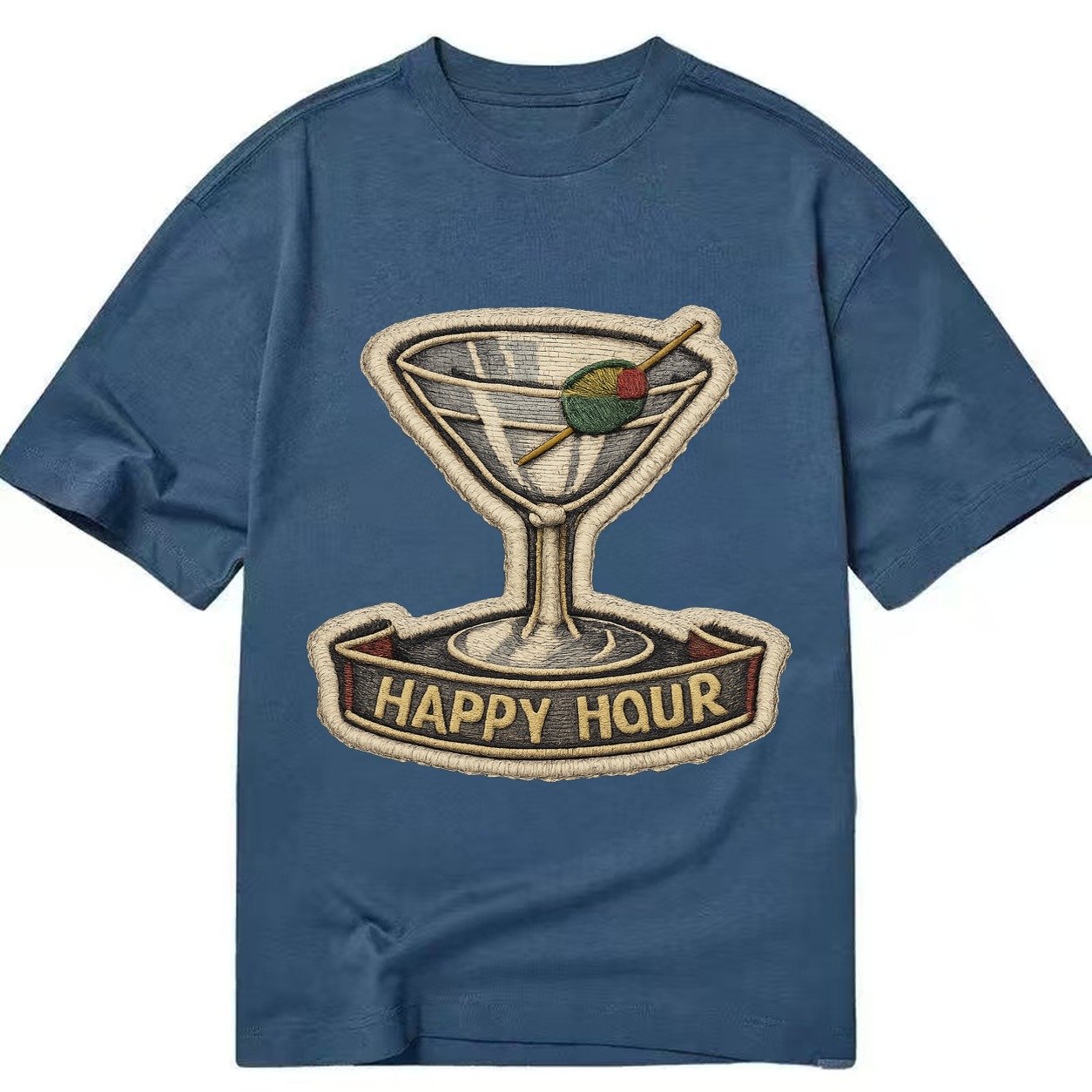 Embroidered Patch Design Cocktail Martini Martini Glass With Classic T-shirt – Twilight Navy
