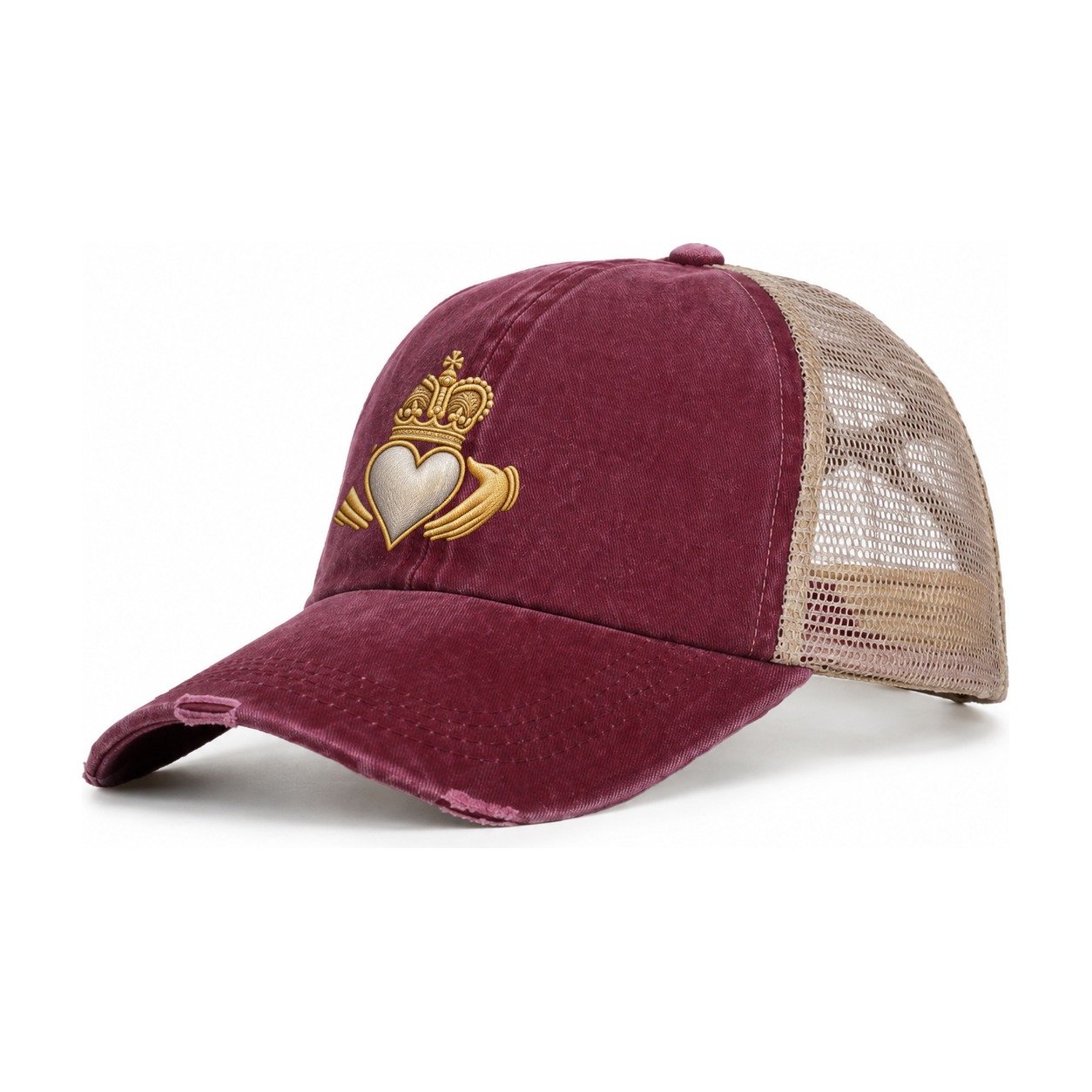 Claddagh Symbol Women's Ponytail Trucker Hat – Burgundy Khaki