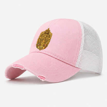 Iran Fire Temple Emblem Washed Trucker Hat – Light Pink