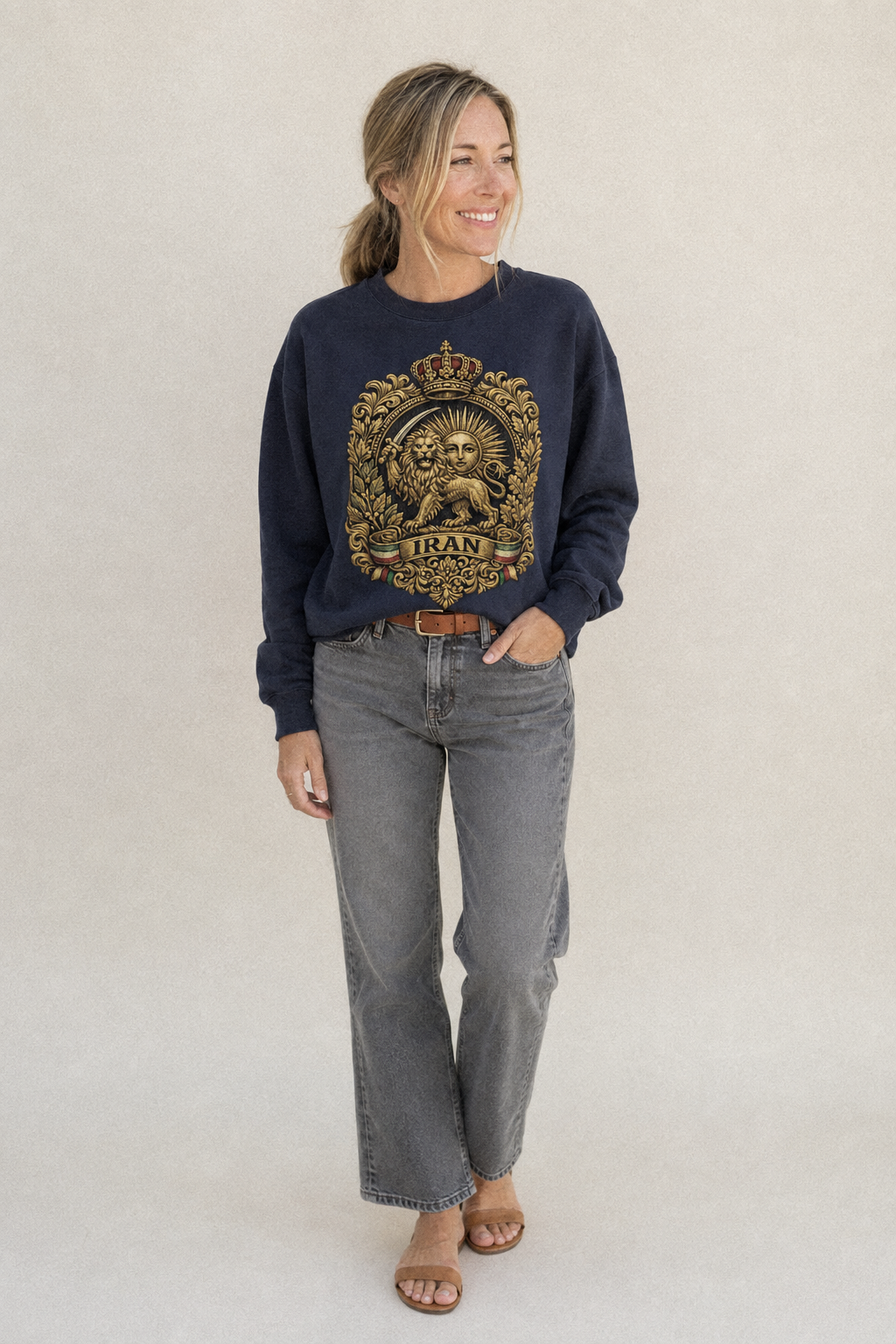 Iran Lion Sun Badge Fleece Sweatshirt – studio model photo
