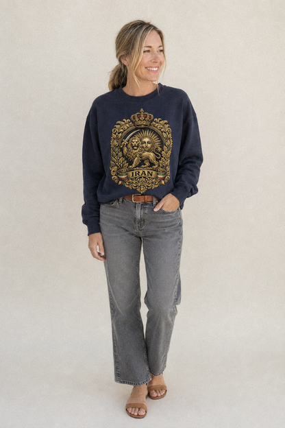 Iran Lion Sun Badge Fleece Sweatshirt – studio model photo