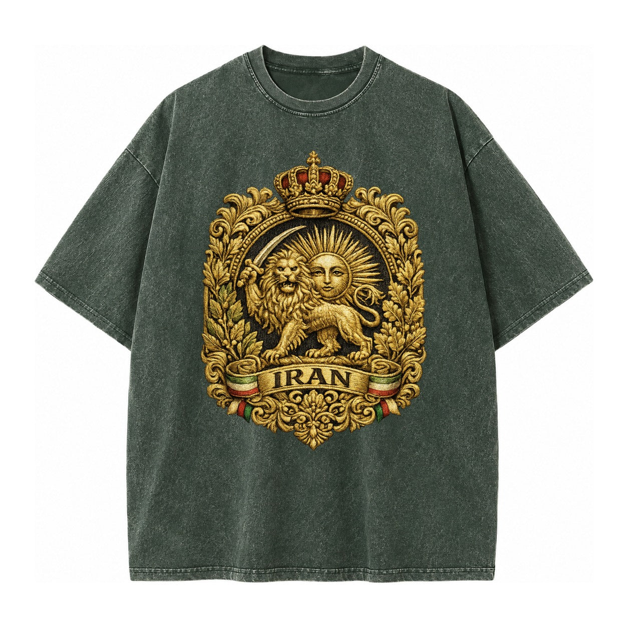 Iran Lion Sun Badge - Vintage T-shirt – Forest Mist(Green)