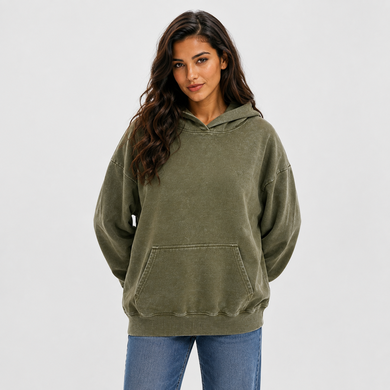 Iran Lion Sun Badge Vintage Washed Hoodie – army-green worn by a model