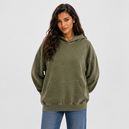 Iran Lion Sun Badge Vintage Washed Hoodie – army-green worn by a model
