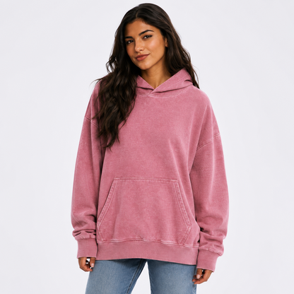 Iran Lion Sun Badge Vintage Washed Hoodie – dusty-rose worn by a model