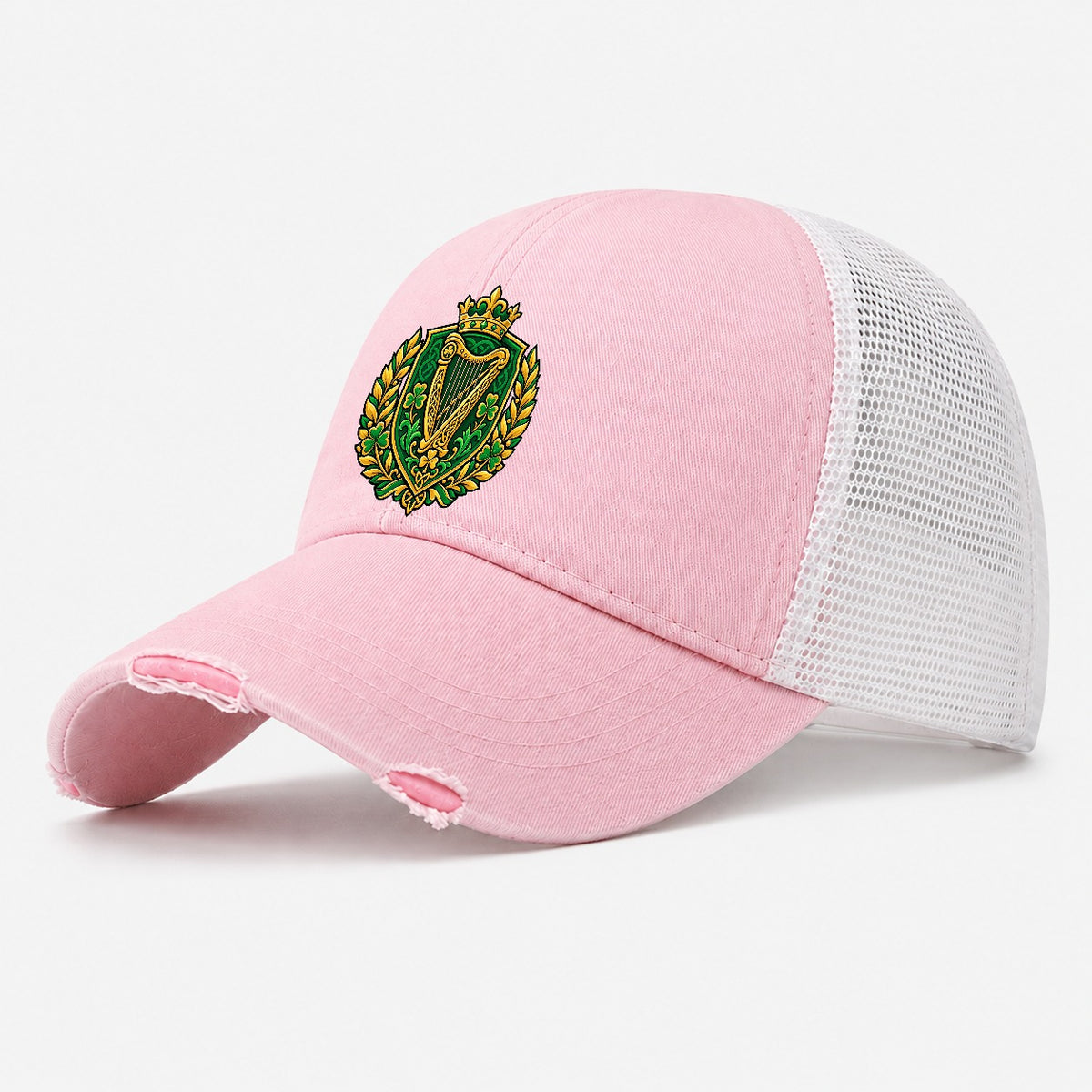 Ireland Heraldic Crest Country Logos Washed Trucker Hat – Light Pink