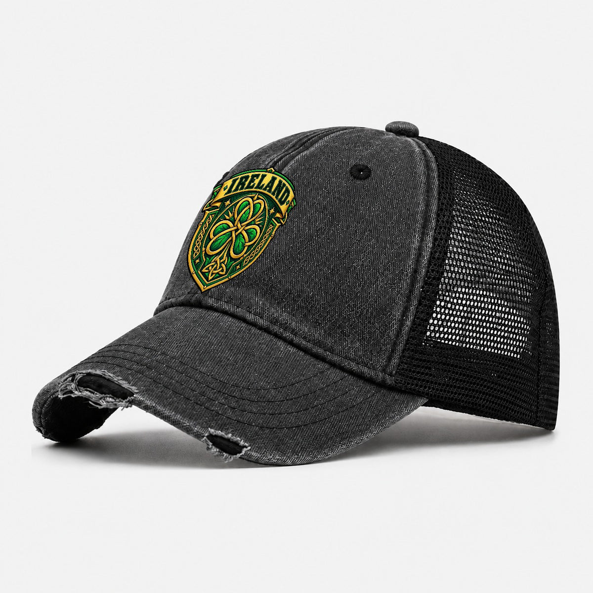 Ireland Retro Badge Country Logos Washed Trucker Hat – Black