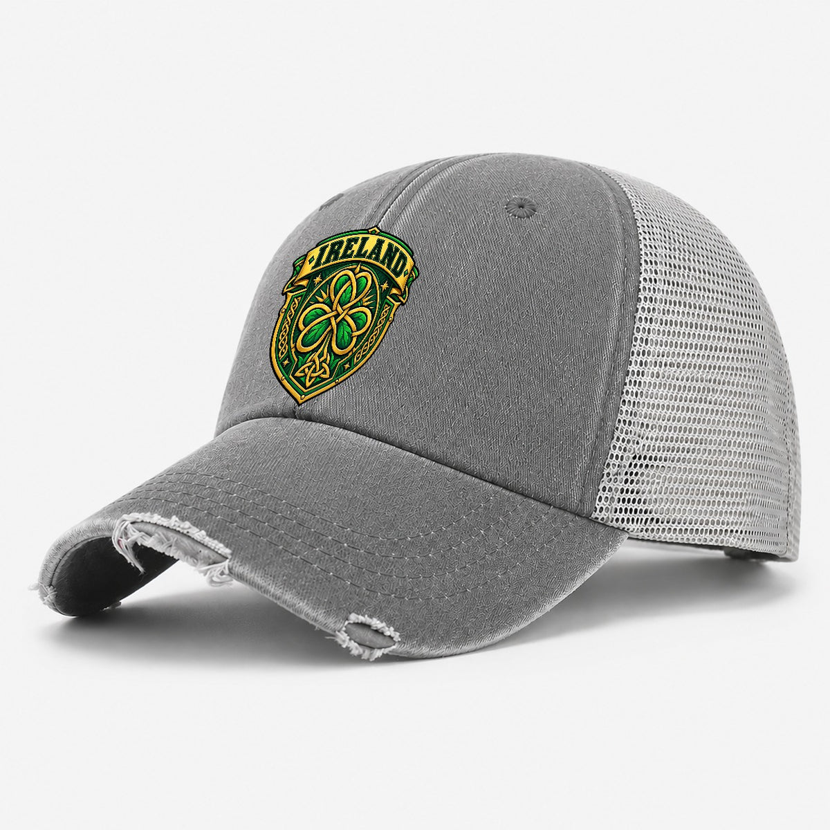 Ireland Retro Badge Country Logos Washed Trucker Hat – Grey