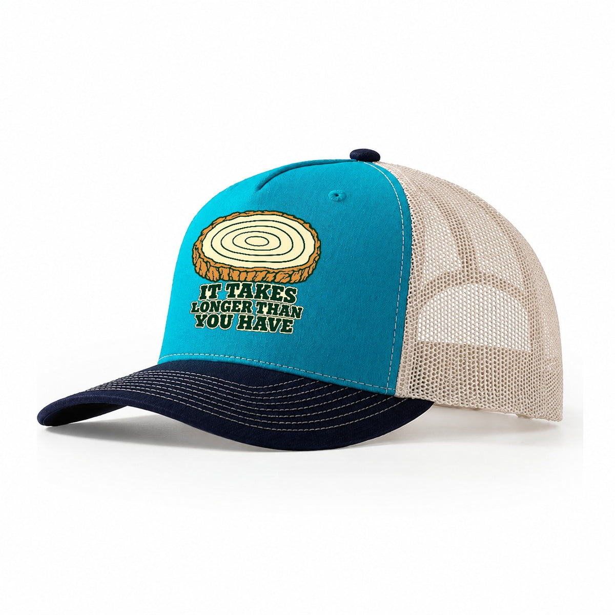 It Takes Longer Than You Have Bonsai Trucker Hat – Teal Navy
