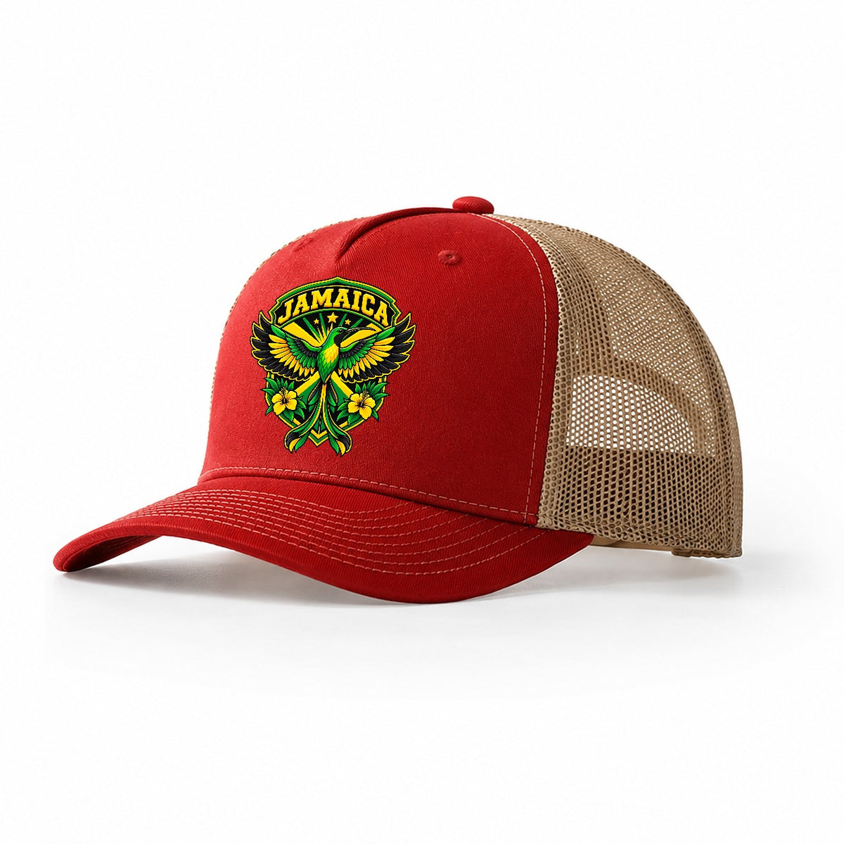 Jamaica Retro Badge Country Logos Trucker Hat – Red Khaki