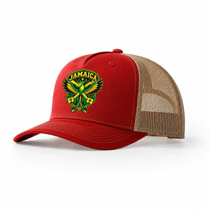 Jamaica Retro Badge Country Logos Trucker Hat – Red Khaki