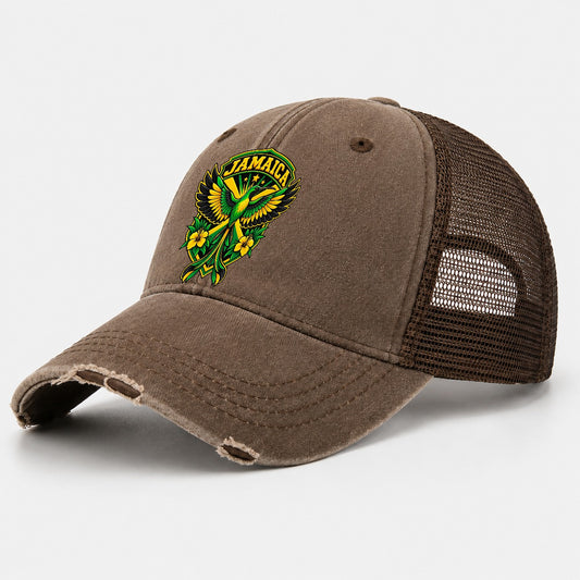 Jamaica Retro Badge Country Logos Washed Trucker Hat – Coffee