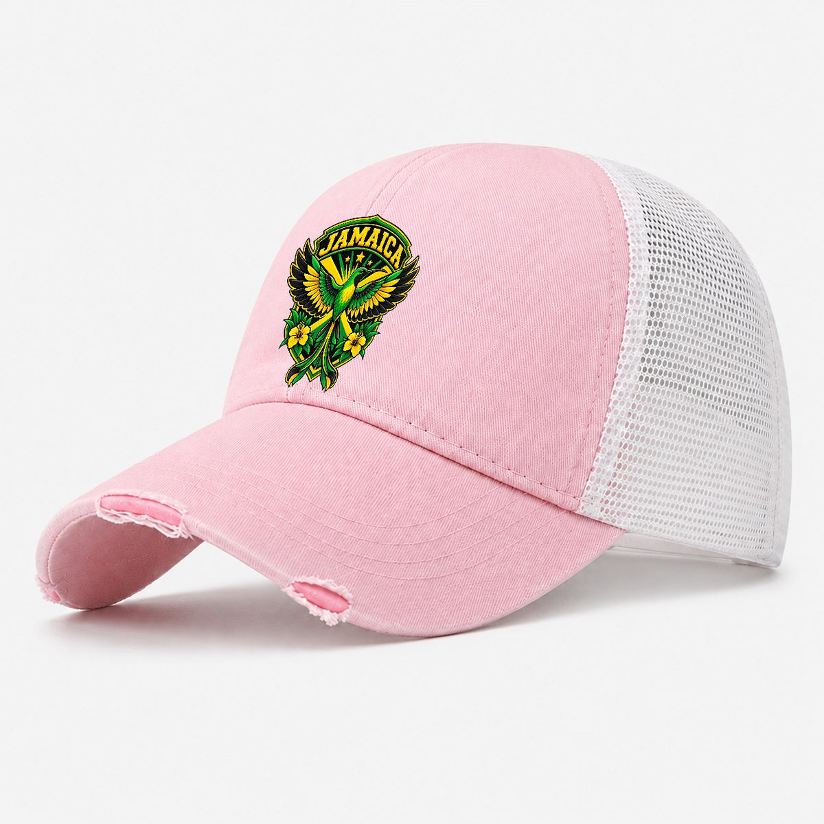 Jamaica Retro Badge Country Logos Washed Trucker Hat – Light Pink