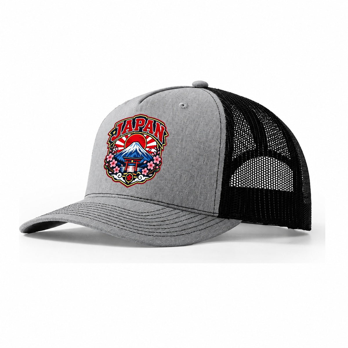 Japan Retro Badge Country Logos Trucker Hat – Sport Grey Black
