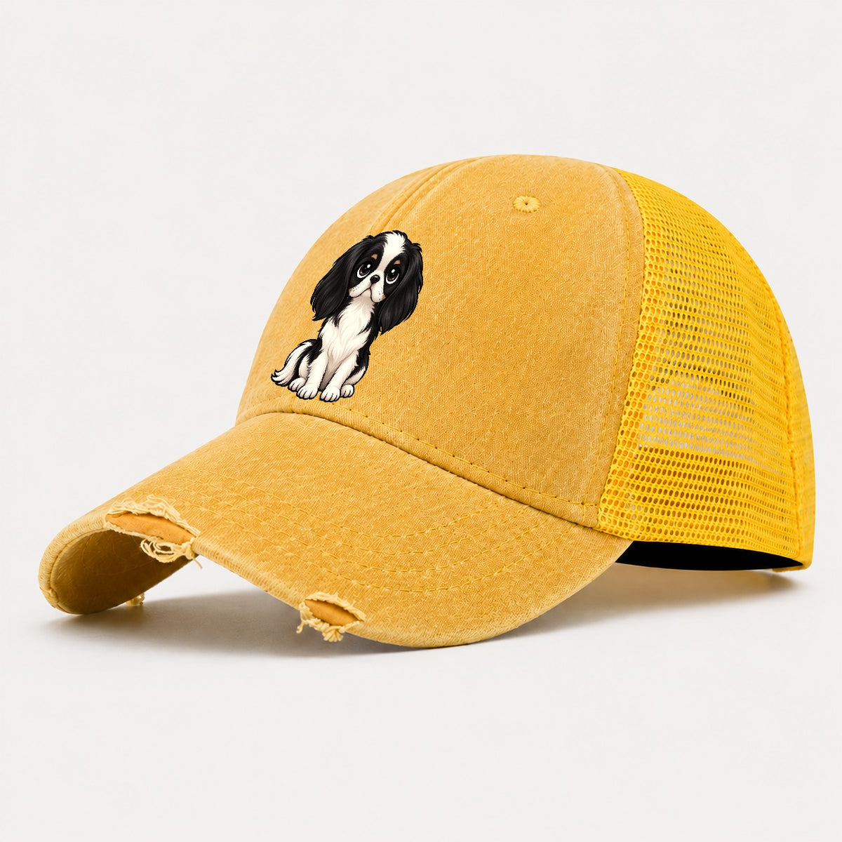 Japanese Chin Sitting Sweetheart Washed Trucker Hat – Yellow