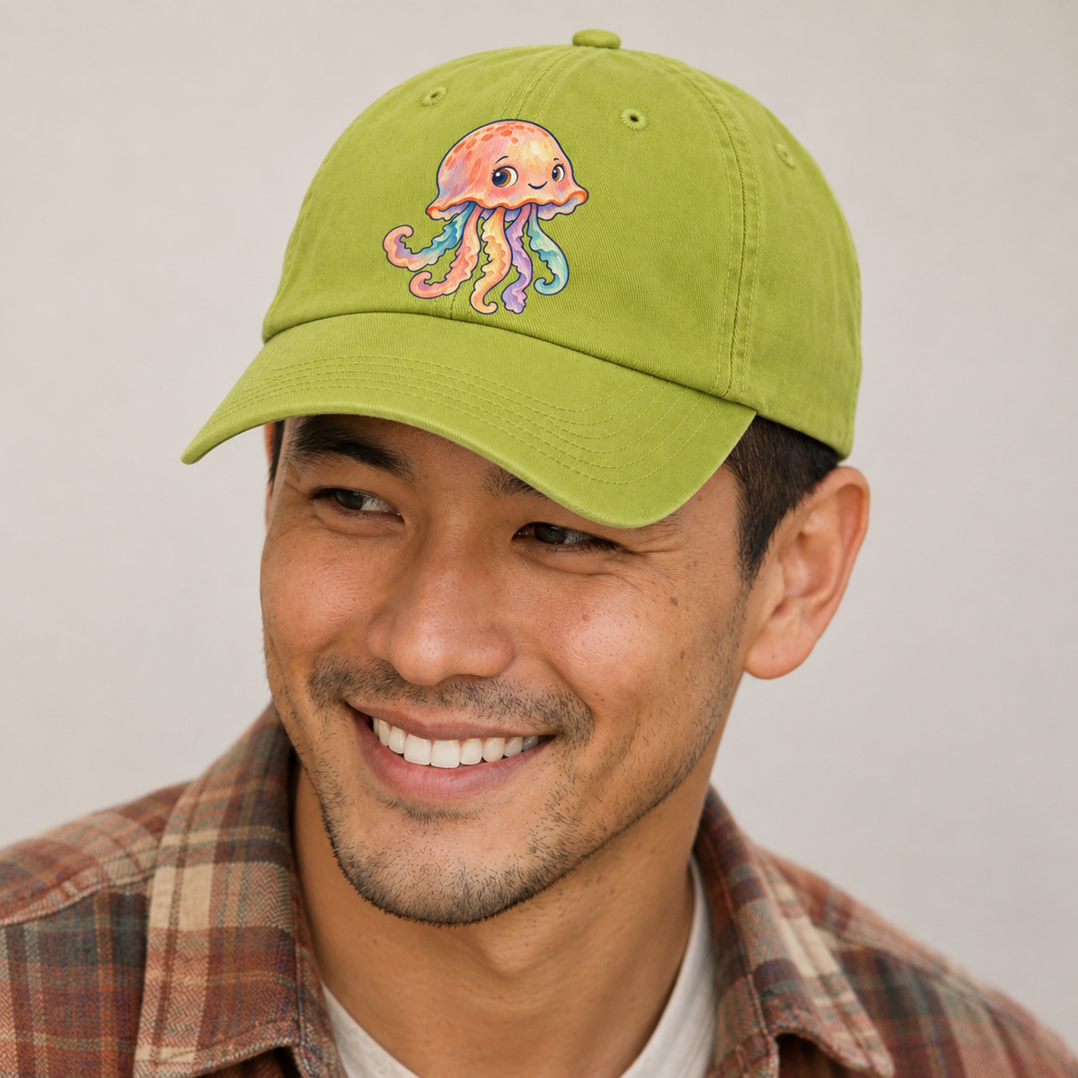Jellyfish Bell Tilt Sea Sprite Baseball Cap — studio model wearing the hat