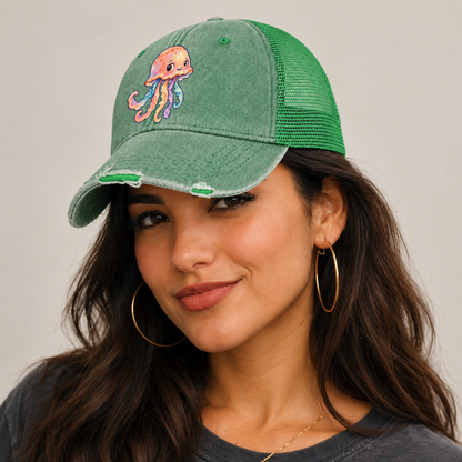 Jellyfish Bell Tilt Sea Sprite Washed Trucker Hat — studio model wearing the hat